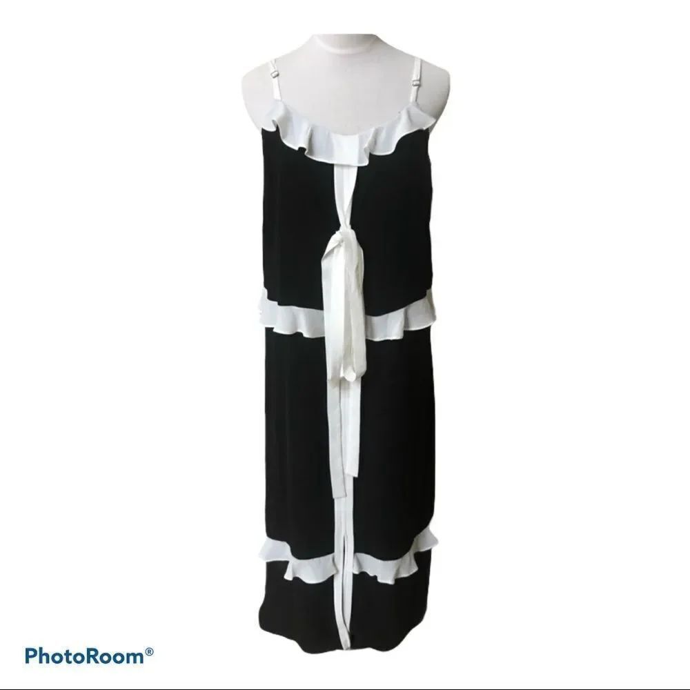 NWE CeCe black white ruffle long chiffon maxi dress size  6